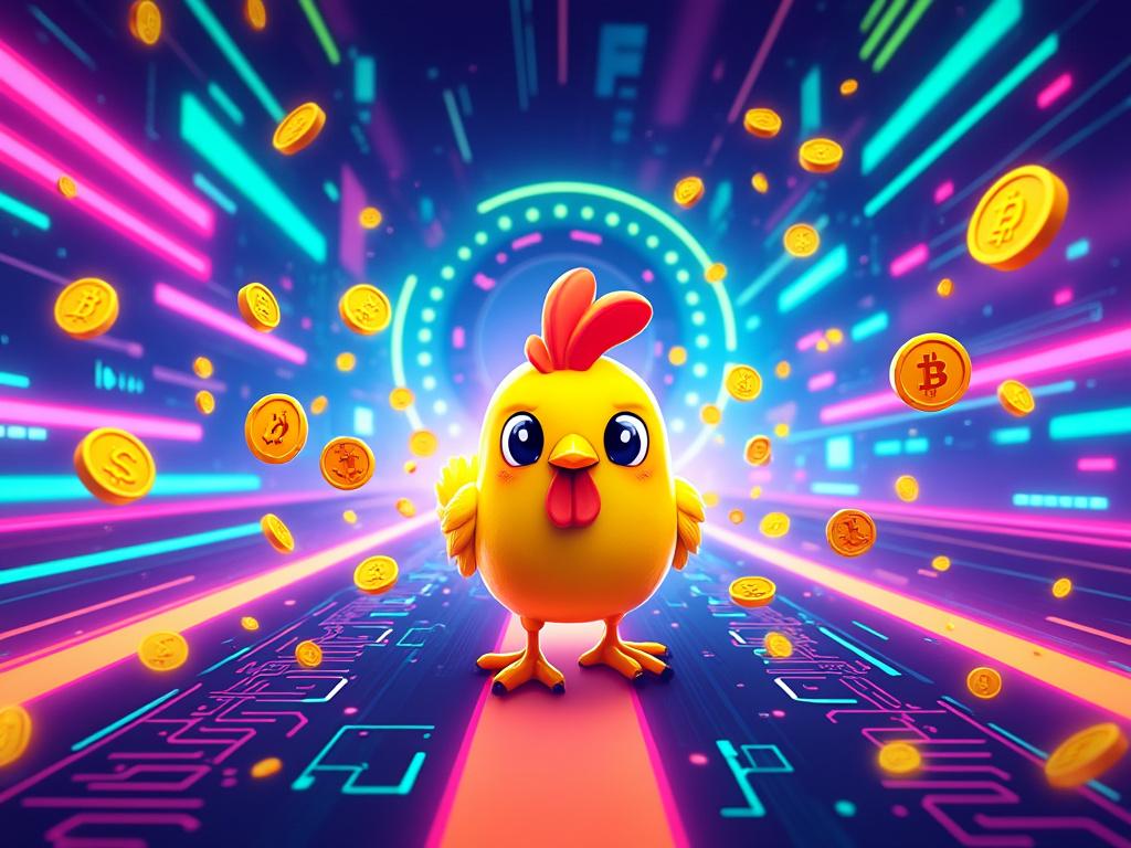Poussin coloré entouré de pièces Bitcoin numériques.