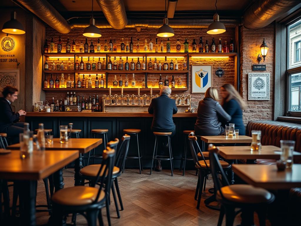 Intérieur de bar moderne et chaleureux avec clients.