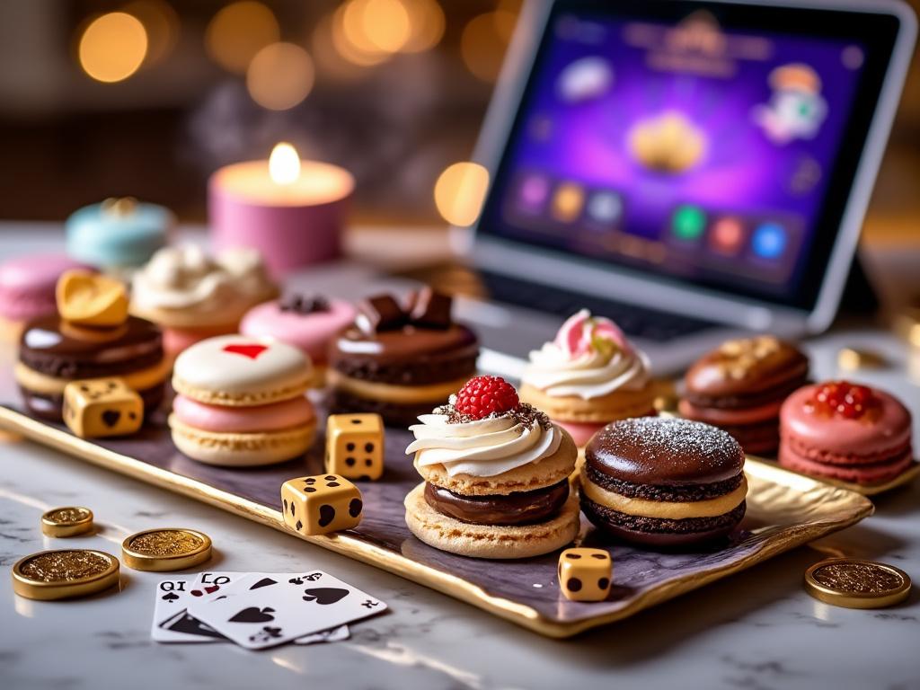 Macarons et dés devant un écran.
