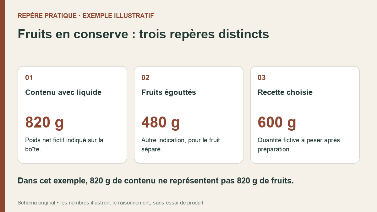 Exemple fictif distinguant 820 grammes nets, 480 grammes égouttés et une recette demandant 600 grammes de fruits.